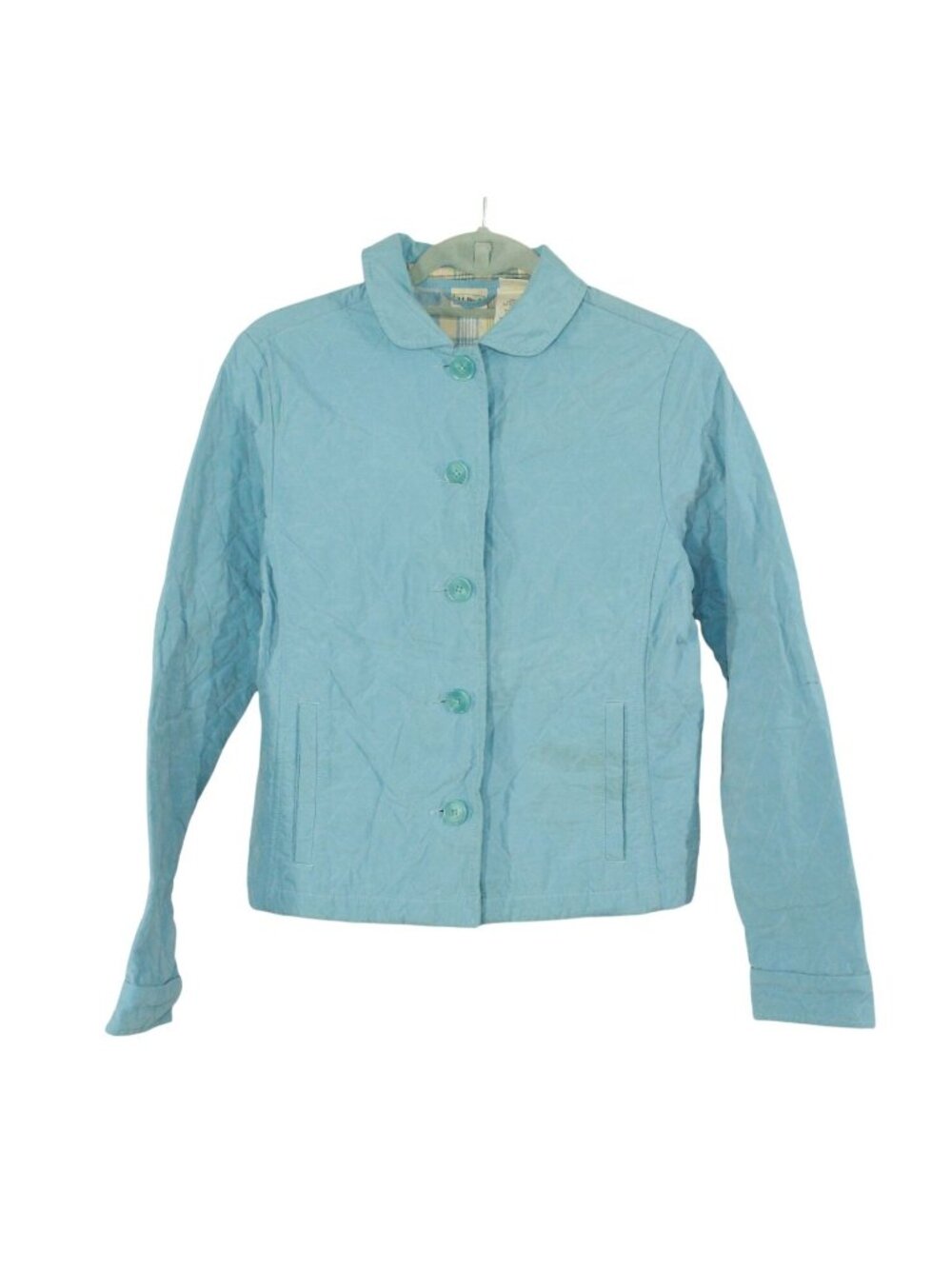 LL Bean Sky Blue Quilted Plaid Lined Outdoor Casual Coat Jacket Size XS